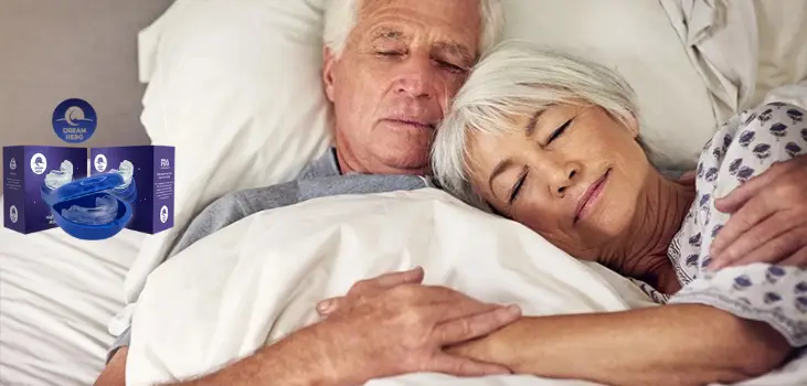couple sleeping peacefully and close up of 2 packages of DreamHero MouthGuard and its logo